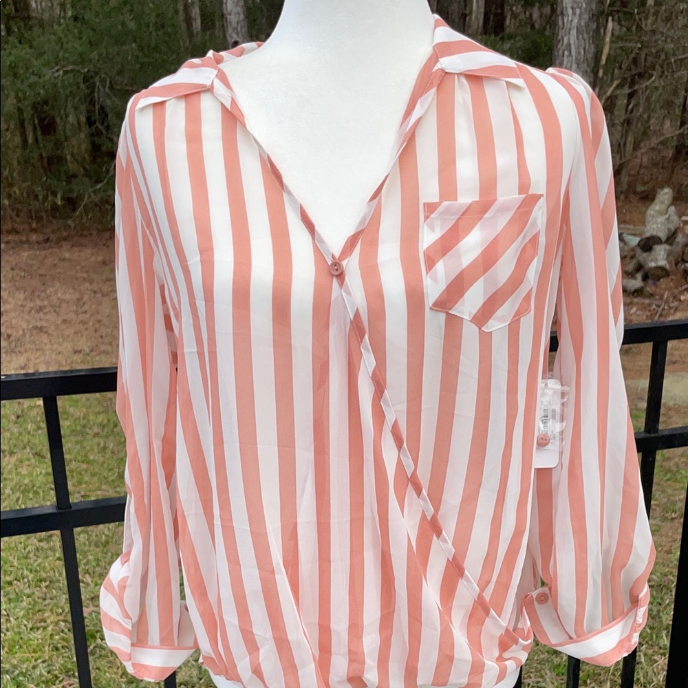 Charming Charlie Shear Stiped Cross Over Button Blouse w/Roll Up Button Sleeves